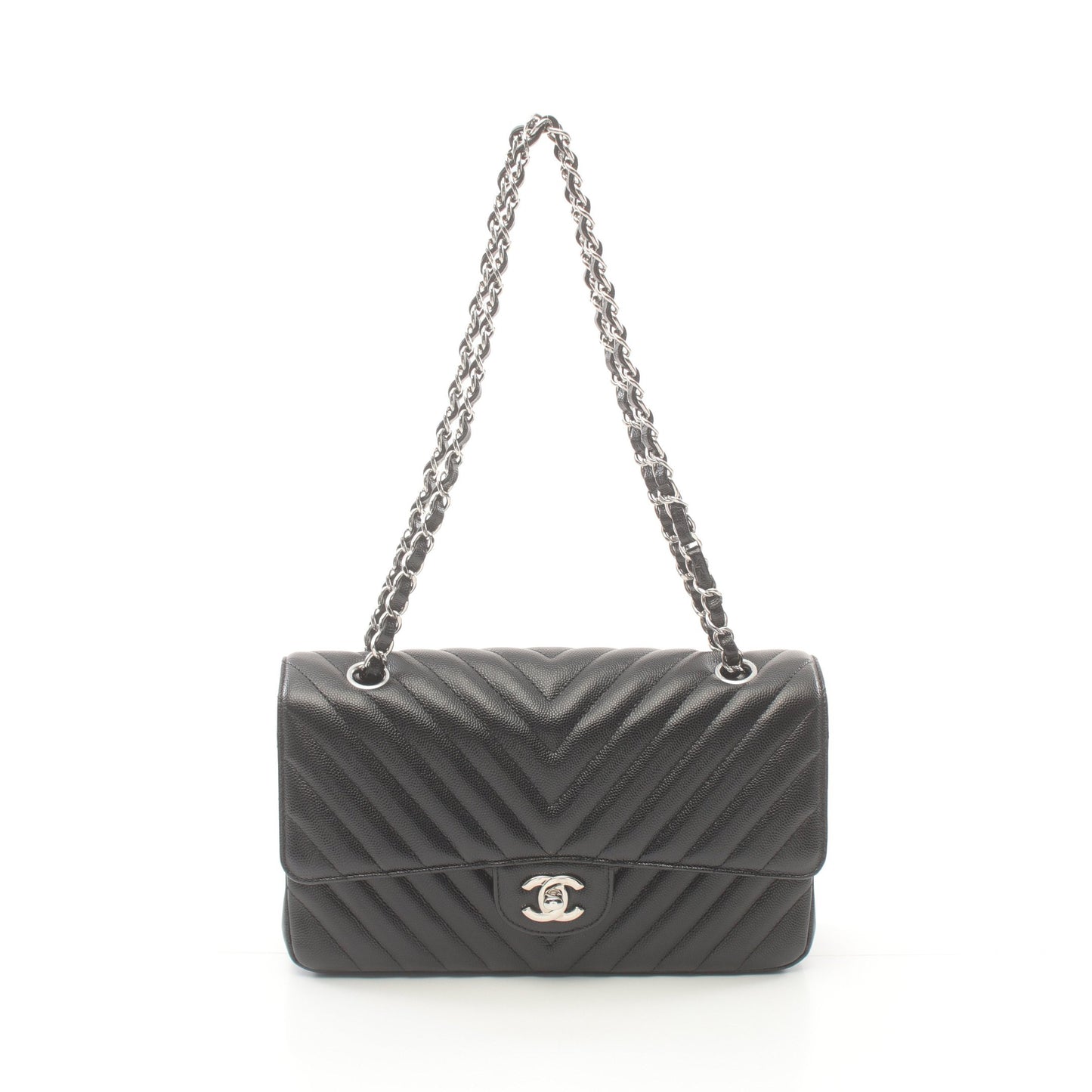 シェブロン Vステッチ Wフラップ Wチェーンショルダーバッグ キャビアスキン ブラック シルバー金具 シャネル バッグ CHANEL