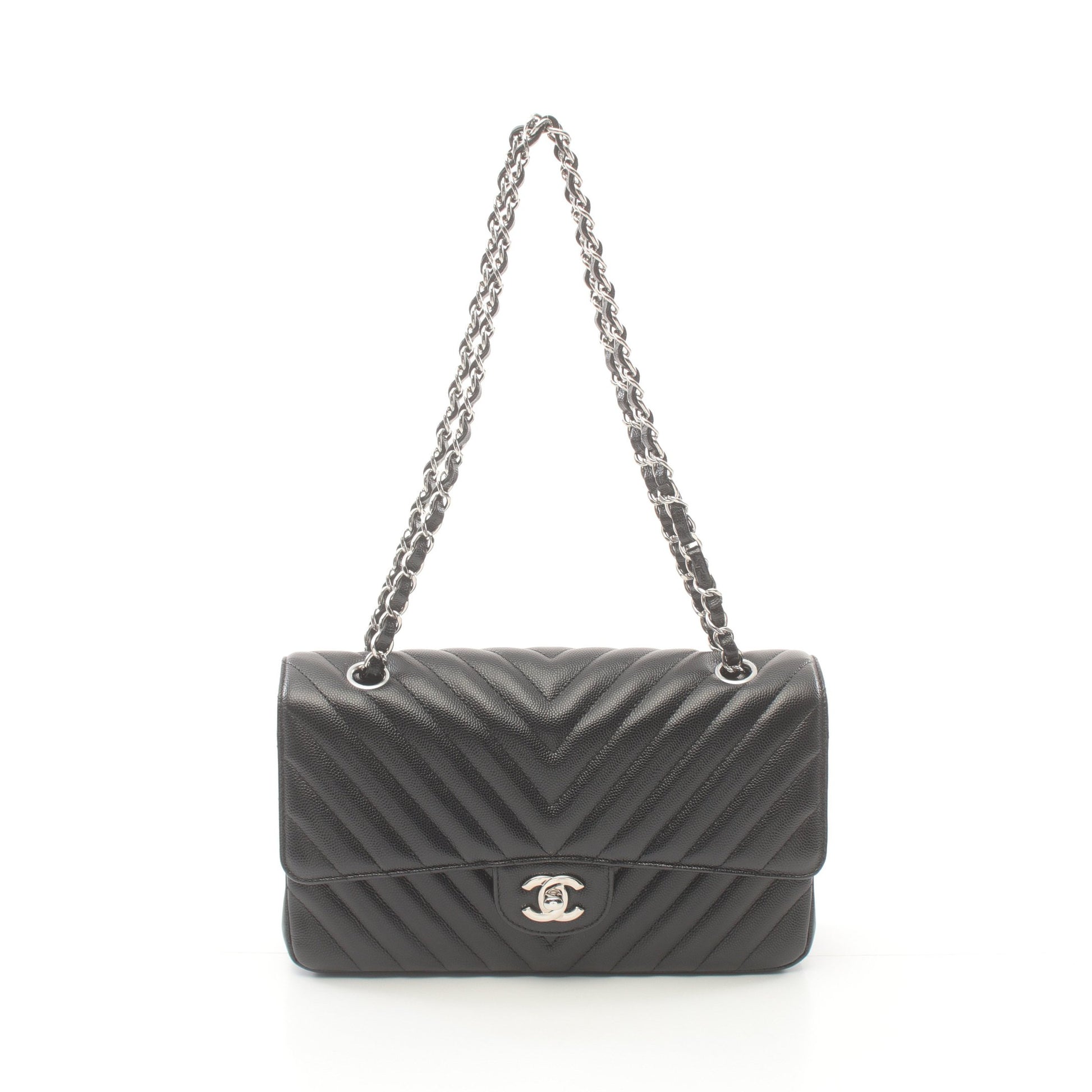 シェブロン Vステッチ Wフラップ Wチェーンショルダーバッグ キャビアスキン ブラック シルバー金具 シャネル バッグ CHANEL