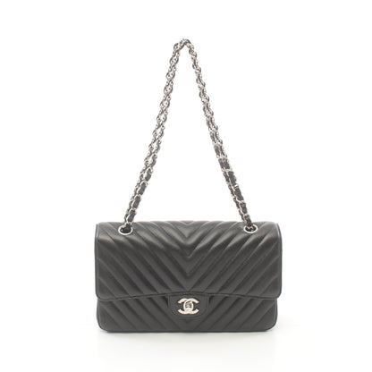 シェブロン Vステッチ Wフラップ Wチェーンショルダーバッグ キャビアスキン ブラック シルバー金具 シャネル バッグ CHANEL