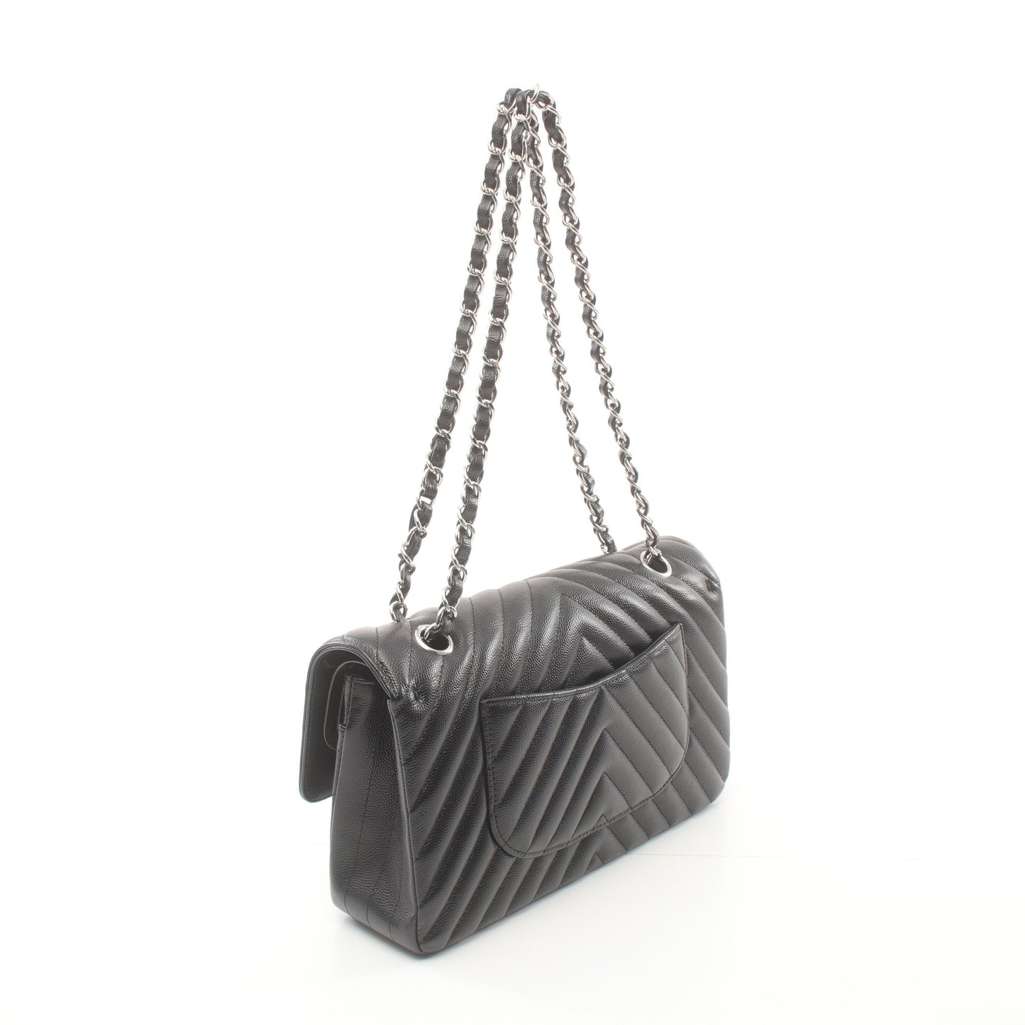 シェブロン Vステッチ Wフラップ Wチェーンショルダーバッグ キャビアスキン ブラック シルバー金具 シャネル バッグ CHANEL