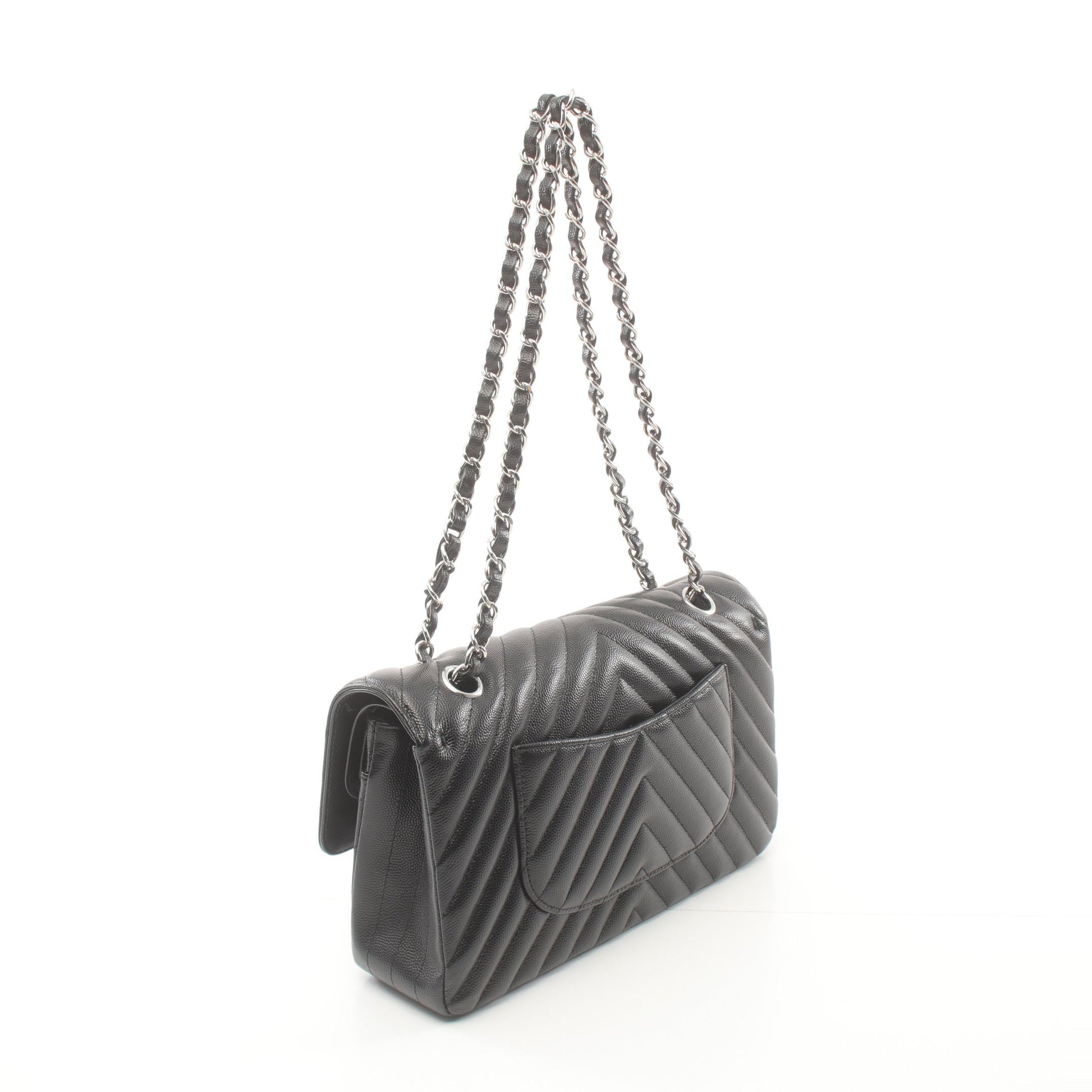 シェブロン Vステッチ Wフラップ Wチェーンショルダーバッグ キャビアスキン ブラック シルバー金具 シャネル バッグ CHANEL