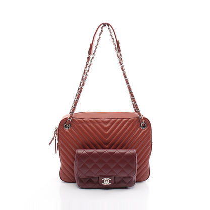 Vステッチ シェブロン チェーンショルダーバッグ レザー ライトブラウン ボルドー シルバー金具 シャネル バッグ CHANEL