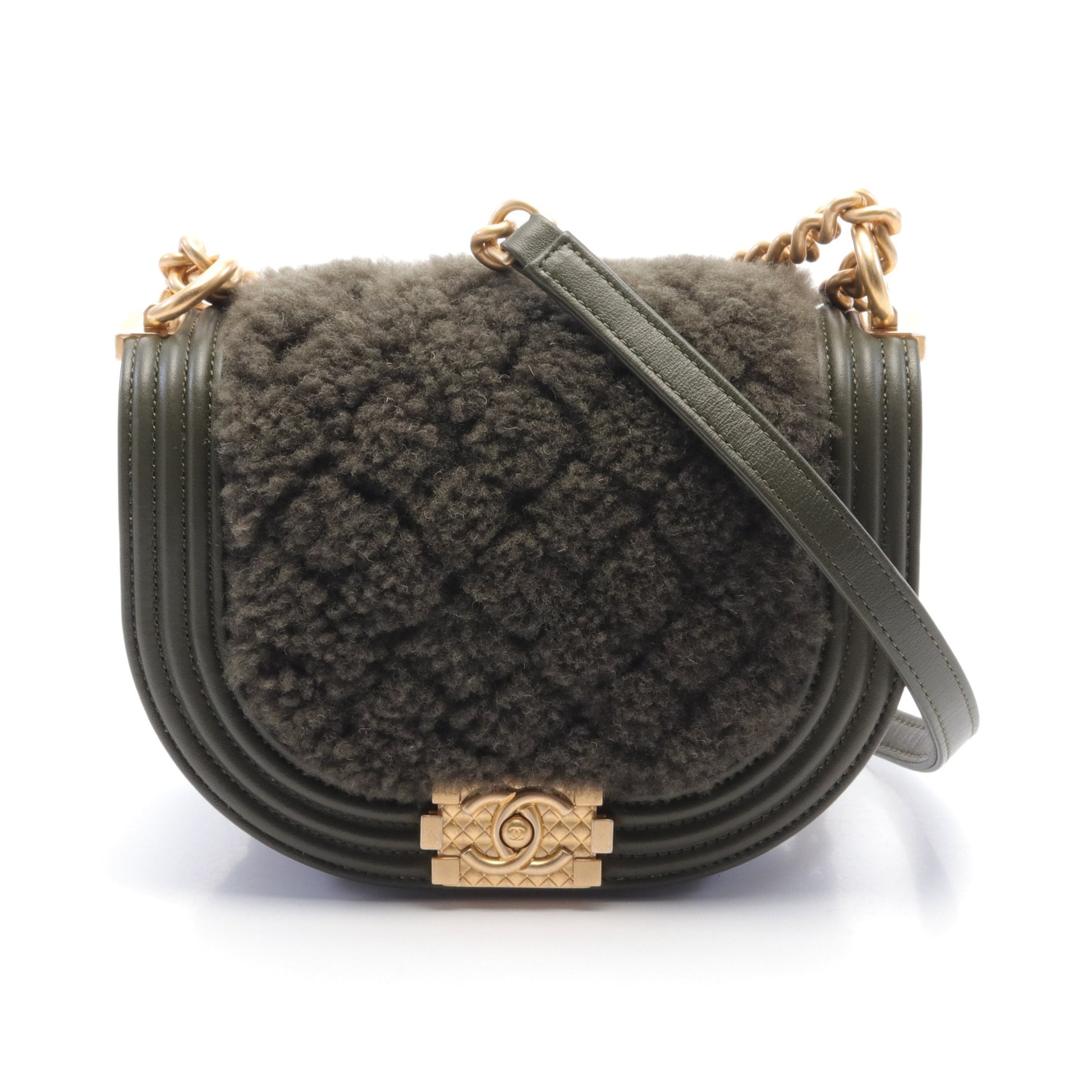 ボーイシャネル スモール チェーンショルダーバッグ ボア レザー カーキグリーン マットゴールド金具 シャネル バッグ CHANEL