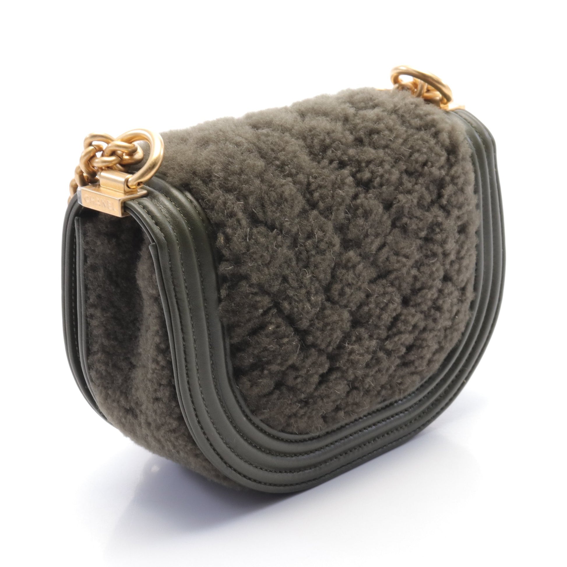ボーイシャネル スモール チェーンショルダーバッグ ボア レザー カーキグリーン マットゴールド金具 シャネル バッグ CHANEL