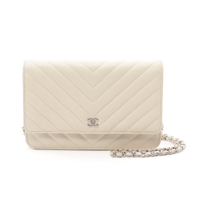 Vステッチ シェブロン チェーンウォレット レザー ライトベージュ シルバー金具 シャネル バッグ CHANEL
