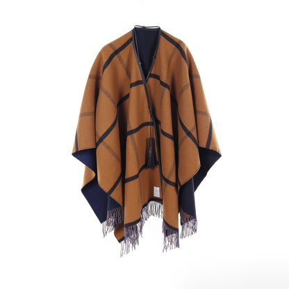 ハイランド ケープ ポンチョ ウール カシミヤ ネイビー ベージュ フリンジ リバーシブル エルメス アウター HERMES
