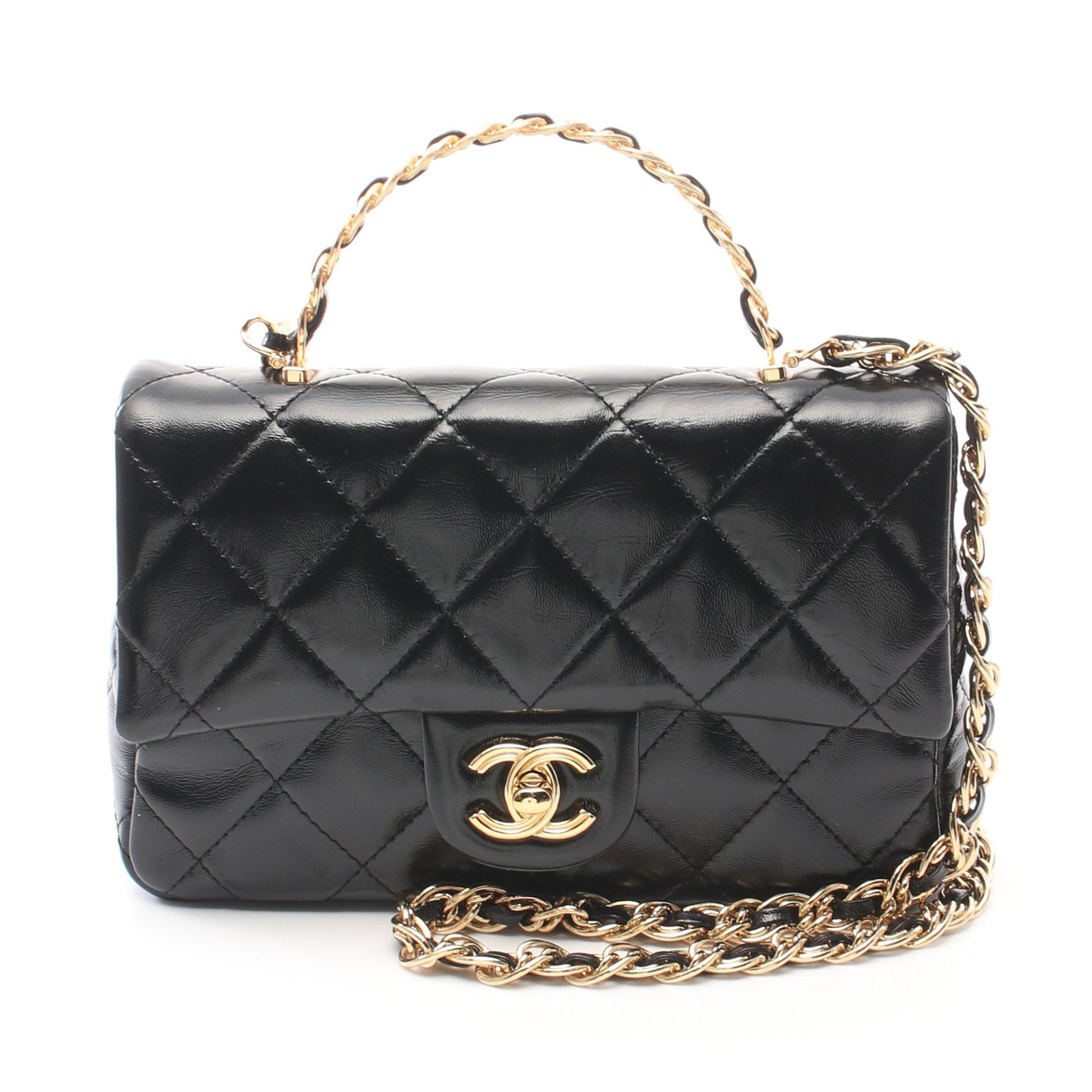 マトラッセ トップハンドル チェーンショルダーバッグ レザー ブラック ゴールド金具 2WAY シャネル バッグ CHANEL