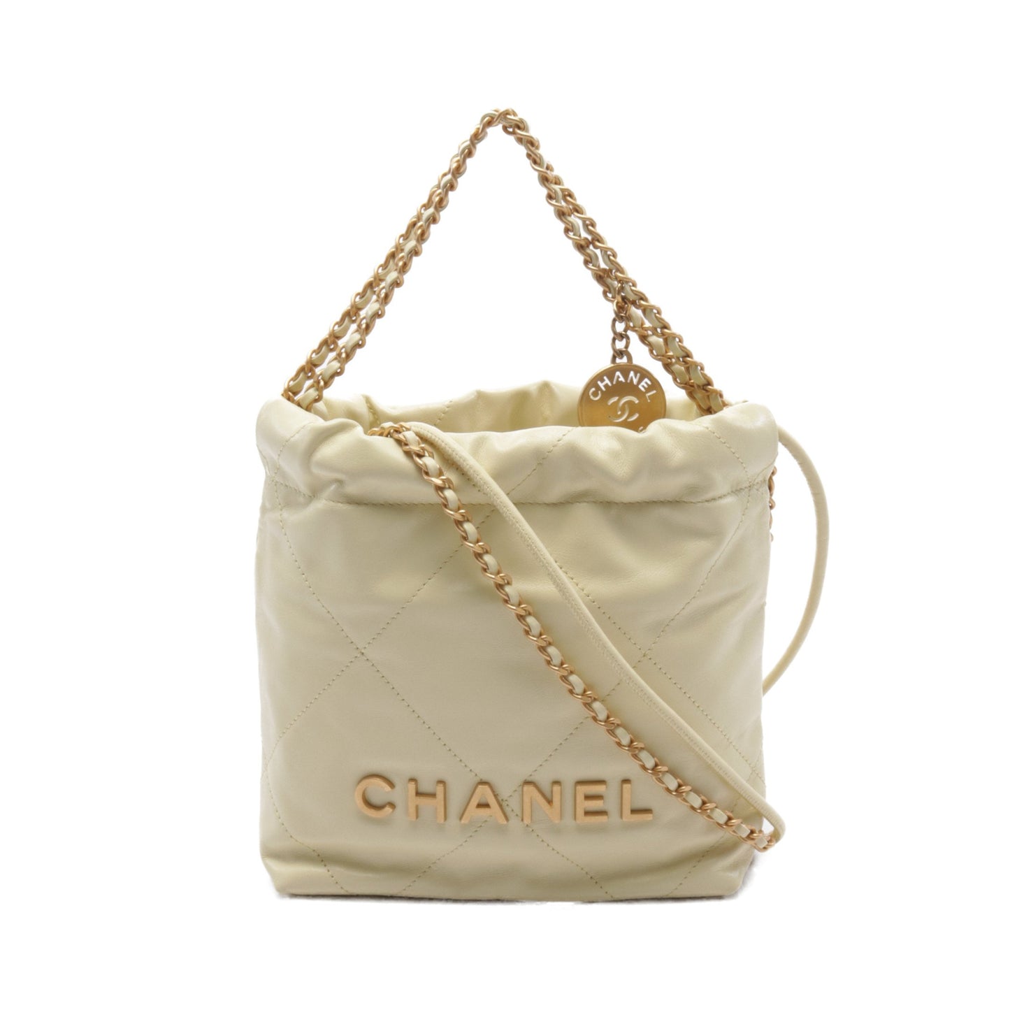 CHANEL 22 ミニ チェーンショルダーバッグ レザー ライトイエロー ゴールド金具 2WAY シャネル バッグ CHANEL