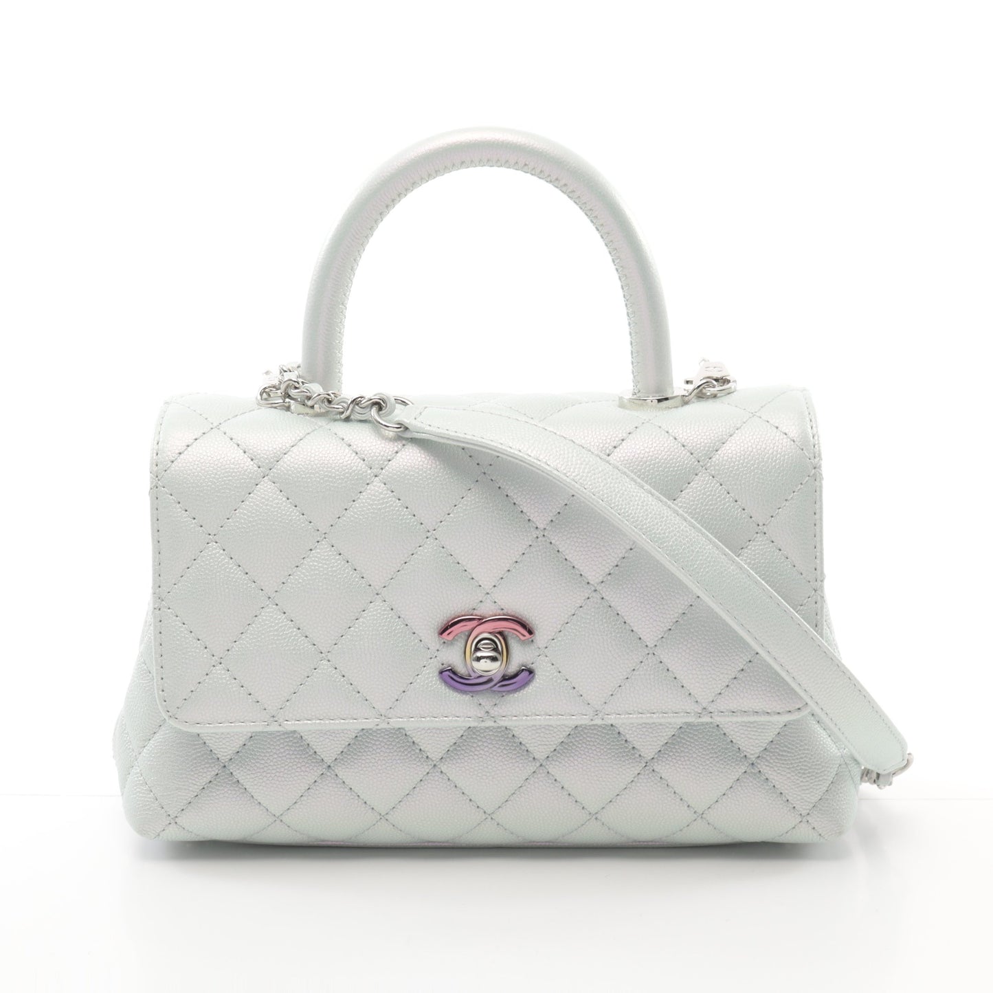 ココハンドル フラップ マトラッセ ハンドバッグ キャビアスキン ライトブルー シルバー金具 2WAY シャネル バッグ CHANEL
