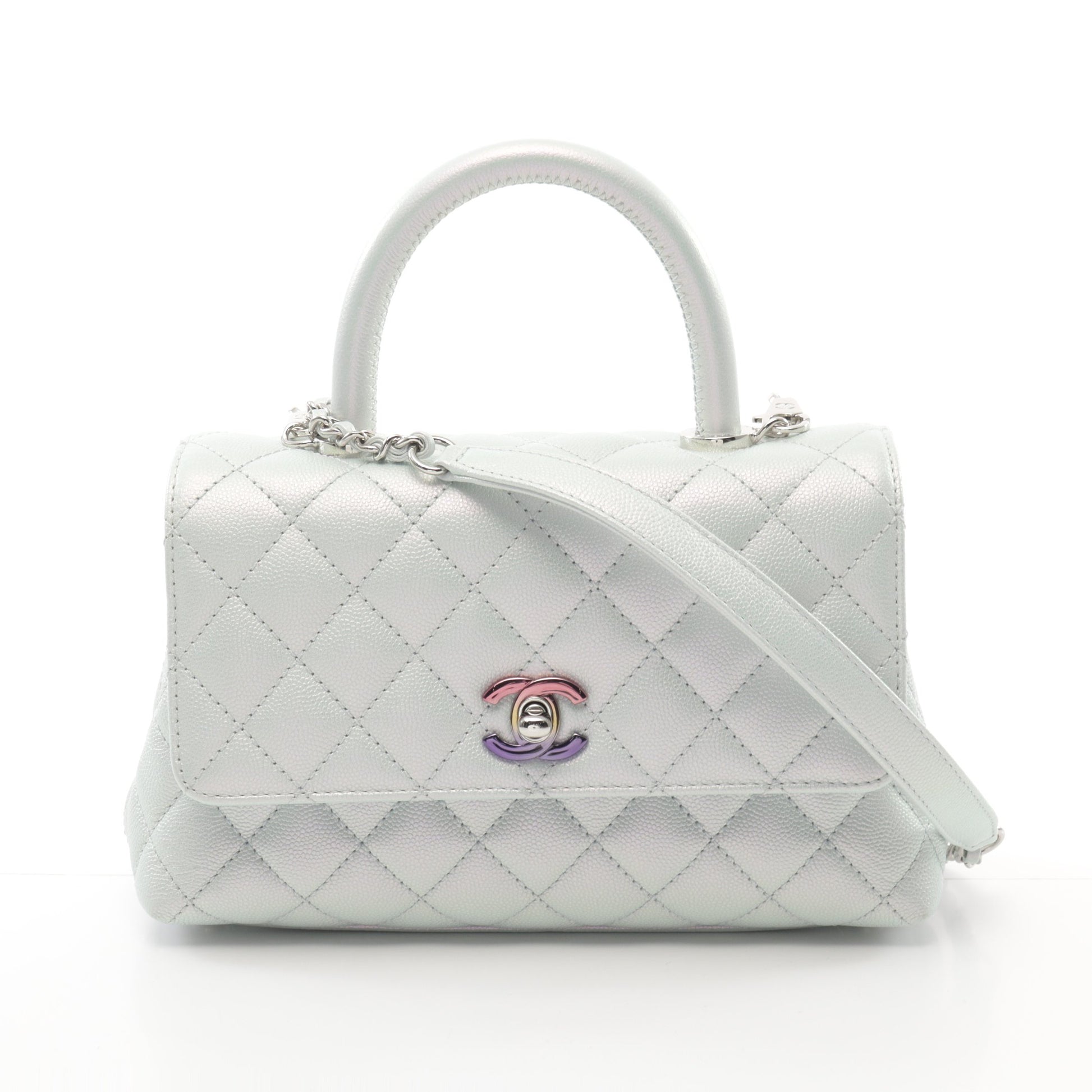 ココハンドル フラップ マトラッセ ハンドバッグ キャビアスキン ライトブルー シルバー金具 2WAY シャネル バッグ CHANEL