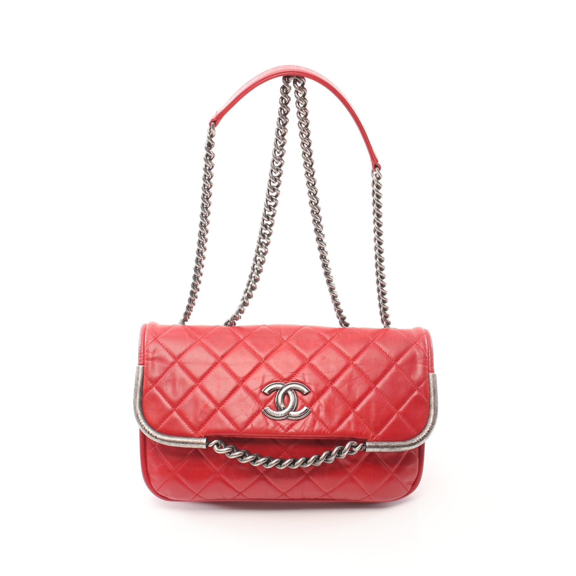 マトラッセ Wチェーンショルダーバッグ レザー レッド シルバー金具 シャネル バッグ CHANEL