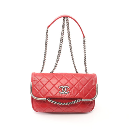マトラッセ Wチェーンショルダーバッグ レザー レッド シルバー金具 シャネル バッグ CHANEL
