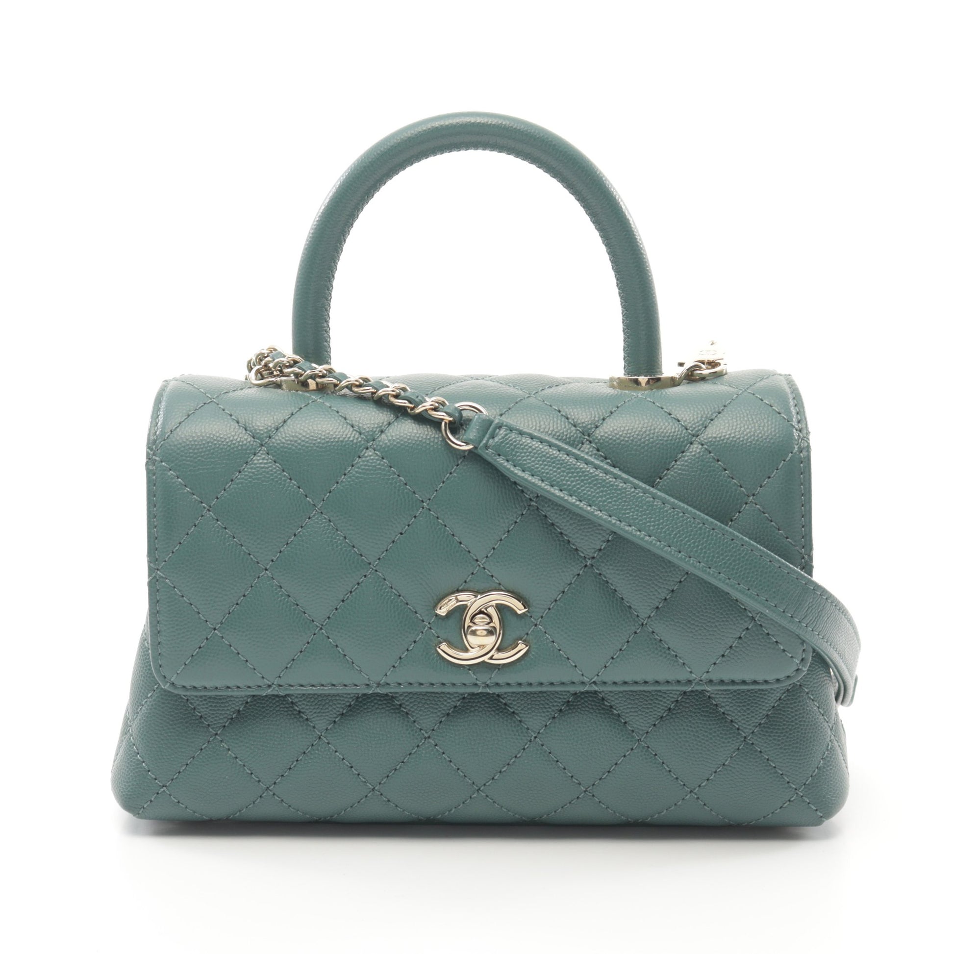 ココハンドル フラップ マトラッセ ハンドバッグ キャビアスキン グリーン ゴールド金具 2WAY シャネル バッグ CHANEL
