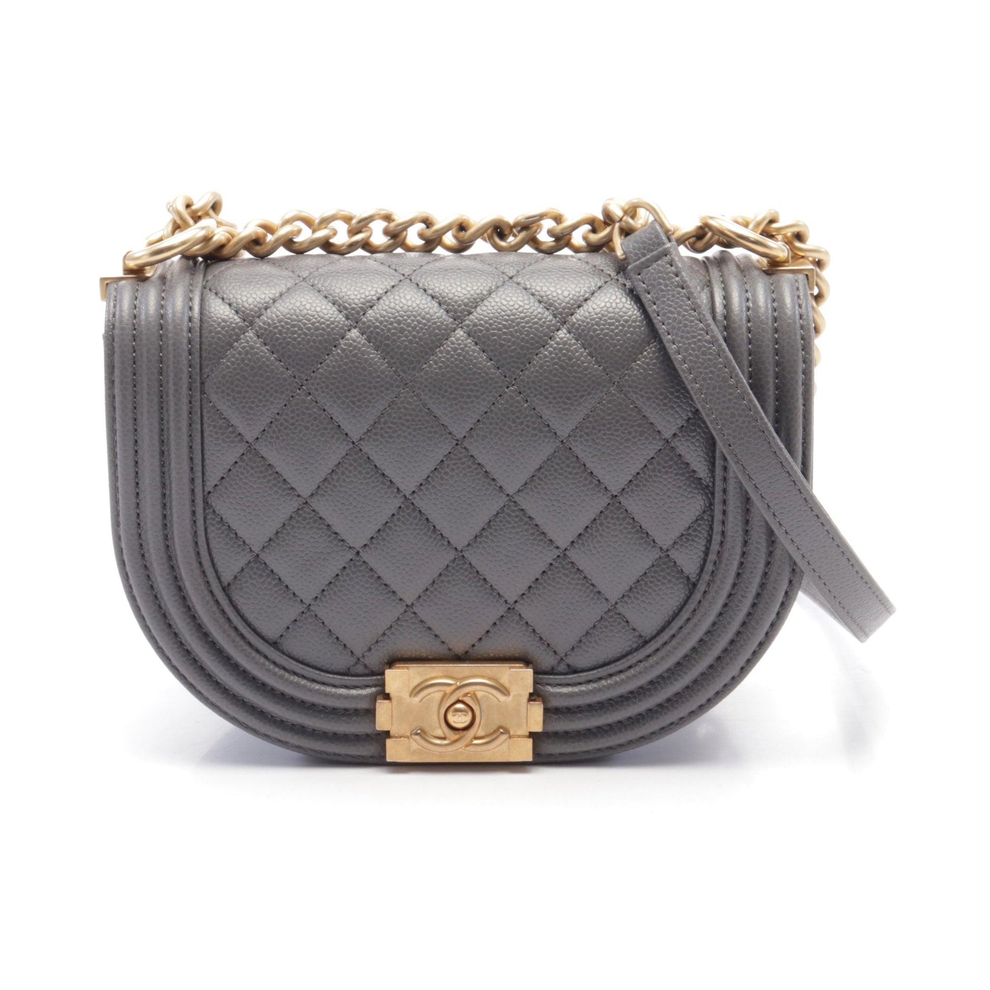 ボーイシャネル スモール チェーンショルダーバッグ キャビアスキン グレー ゴールド金具 シャネル バッグ CHANEL