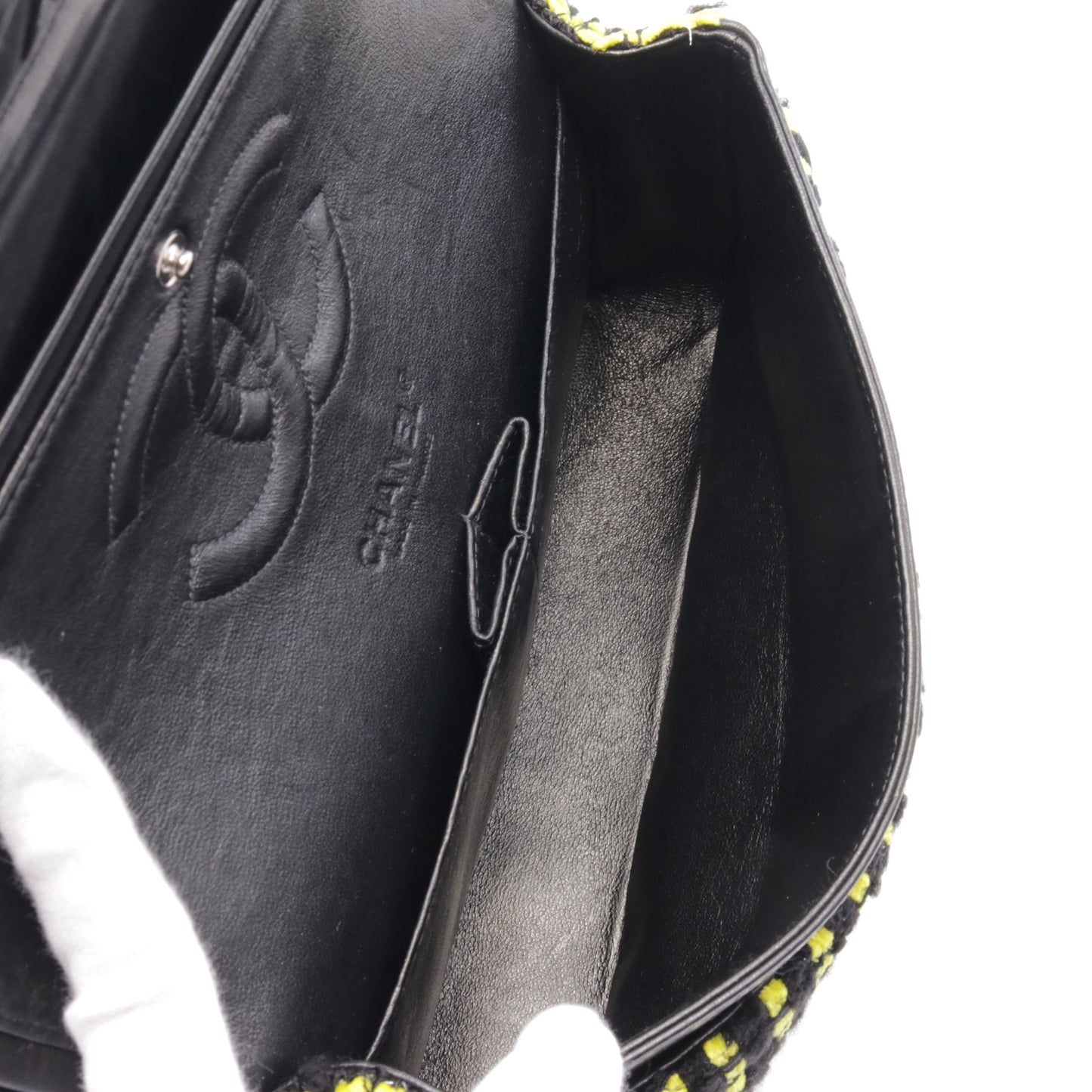 マトラッセ Wフラップ Wチェーンショルダーバッグ ツイード レザー イエロー ブラック シルバー金具 シャネル バッグ CHANEL