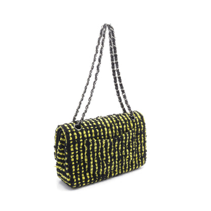 マトラッセ Wフラップ Wチェーンショルダーバッグ ツイード レザー イエロー ブラック シルバー金具 シャネル バッグ CHANEL