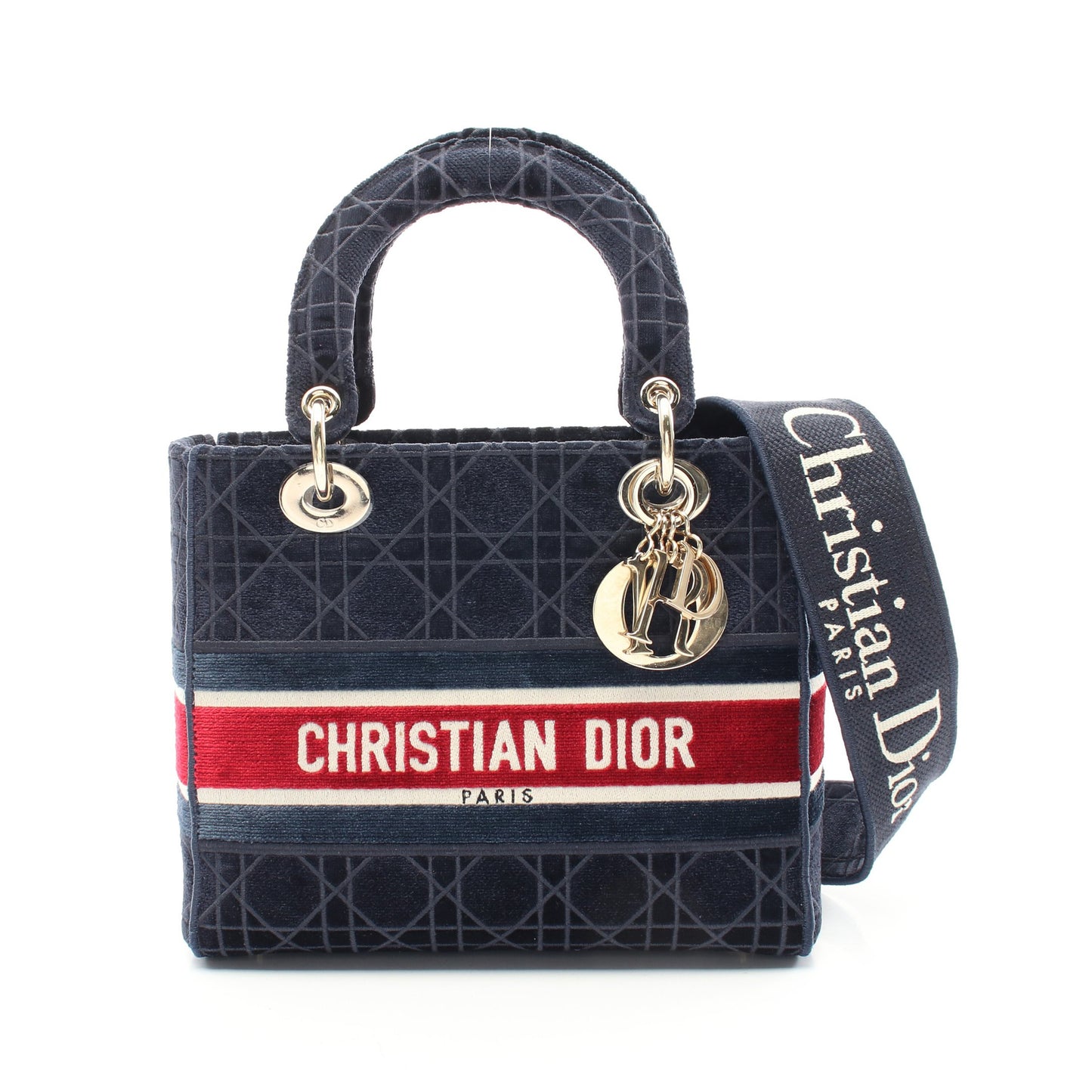 LADY D-LITE ミディアム ハンドバッグ ベロア ネイビー マルチカラー 2WAY クリスチャンディオール バッグ Christian Dior
