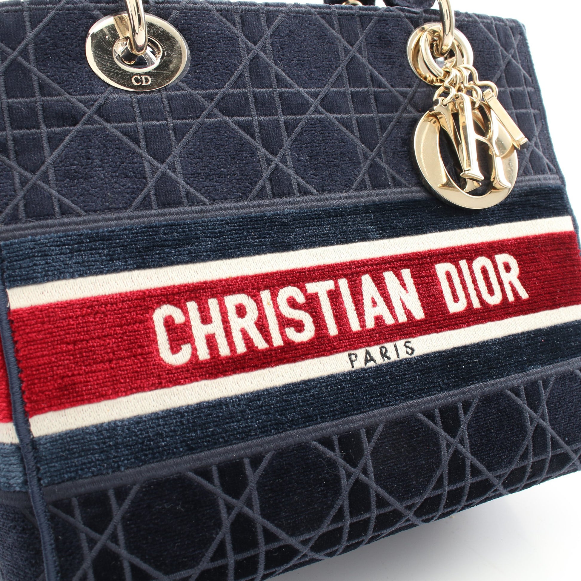 LADY D-LITE ミディアム ハンドバッグ ベロア ネイビー マルチカラー 2WAY クリスチャンディオール バッグ Christian Dior