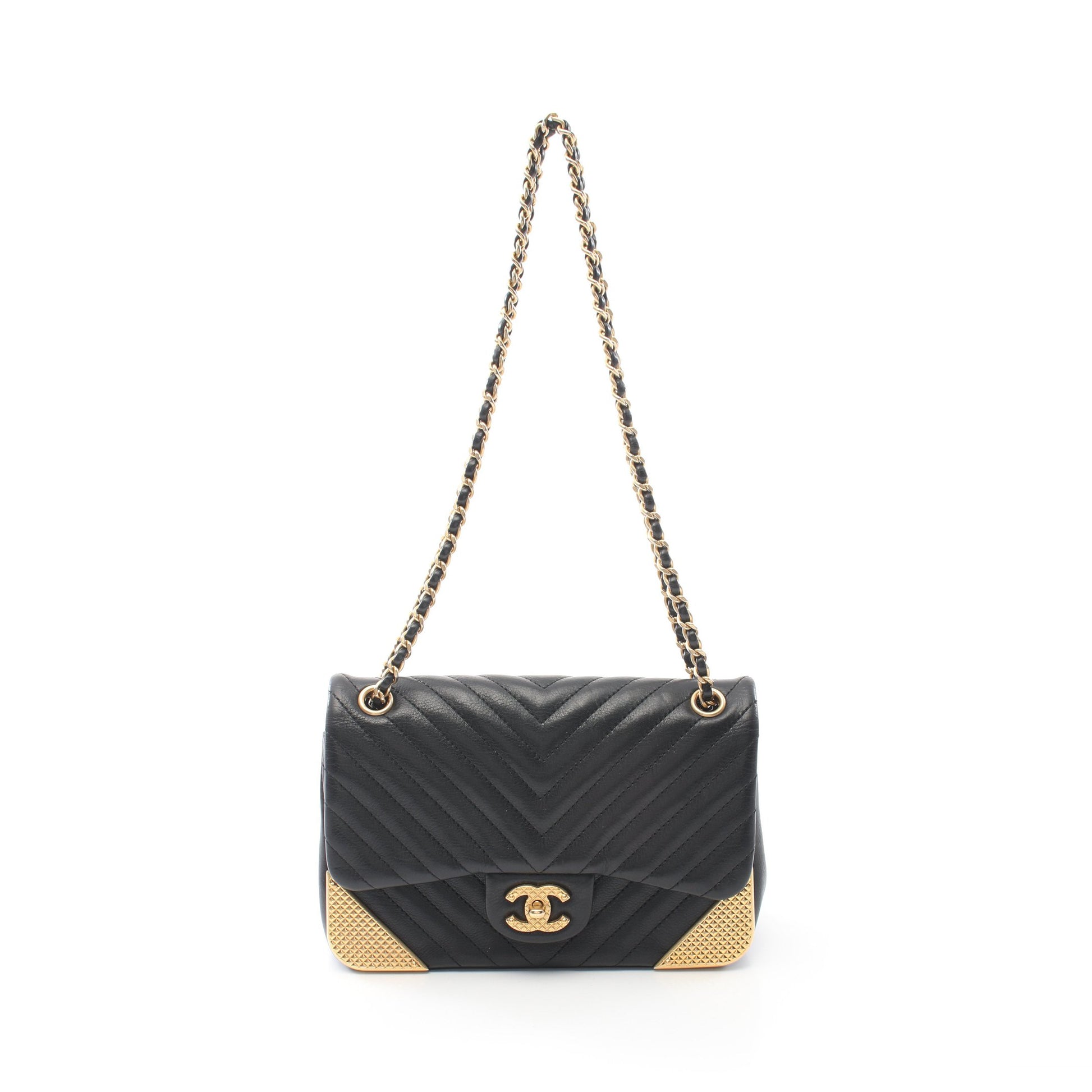 Vステッチ Wチェーンショルダーバッグ ラムスキン ブラック ゴールド金具 シャネル バッグ CHANEL