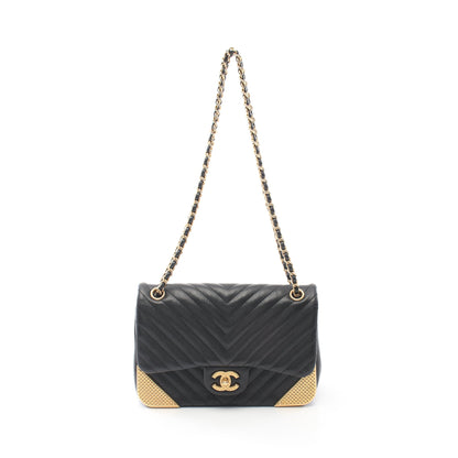 Vステッチ Wチェーンショルダーバッグ ラムスキン ブラック ゴールド金具 シャネル バッグ CHANEL