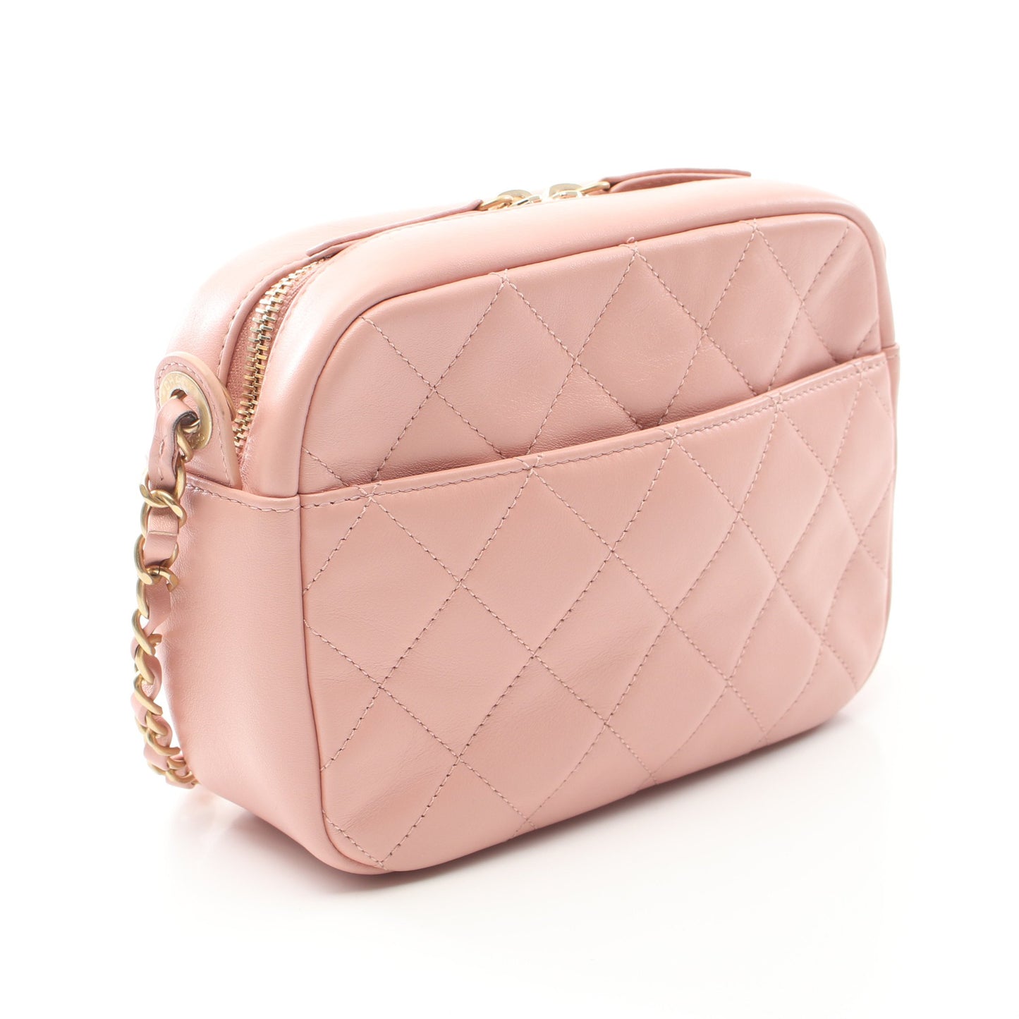 マトラッセ ロゴカメラバッグ チェーンショルダーバッグ レザー ライトピンク ゴールド金具 シャネル バッグ CHANEL