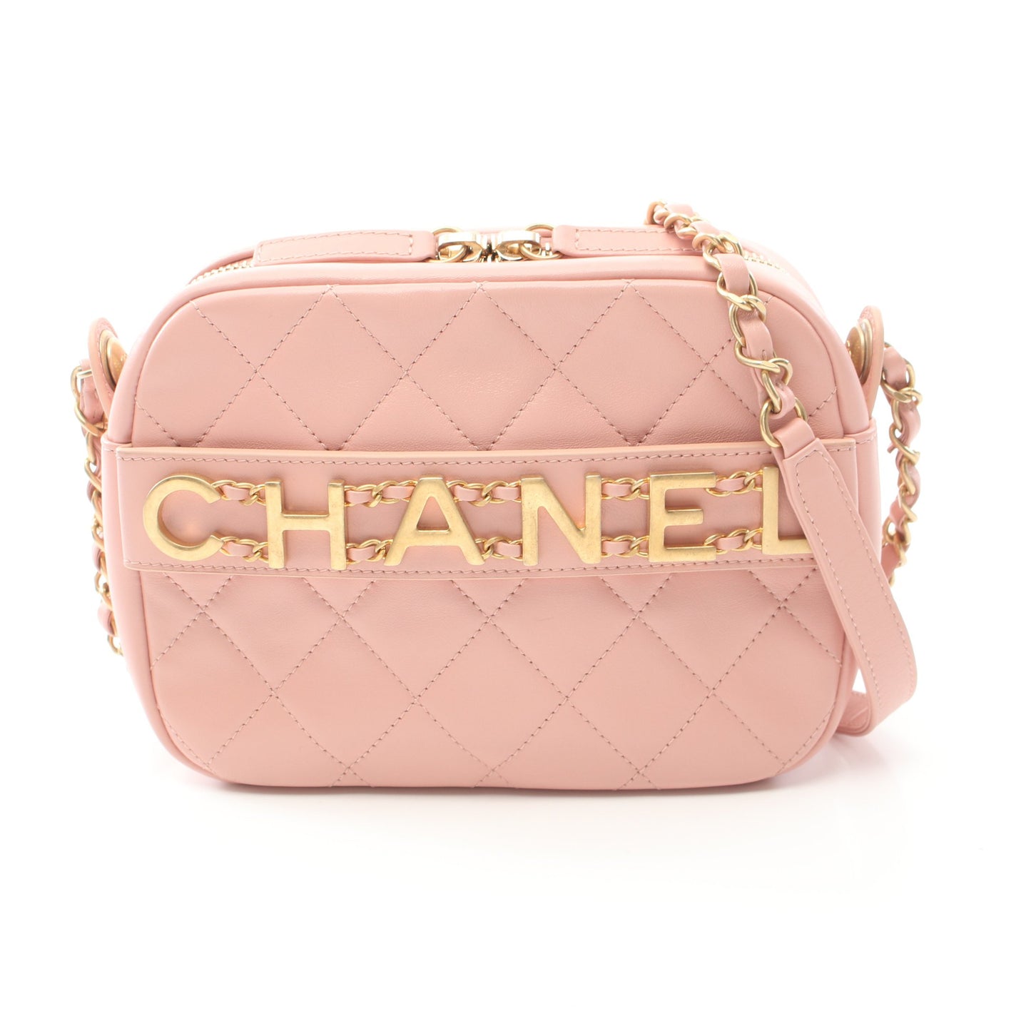 マトラッセ ロゴカメラバッグ チェーンショルダーバッグ レザー ライトピンク ゴールド金具 シャネル バッグ CHANEL