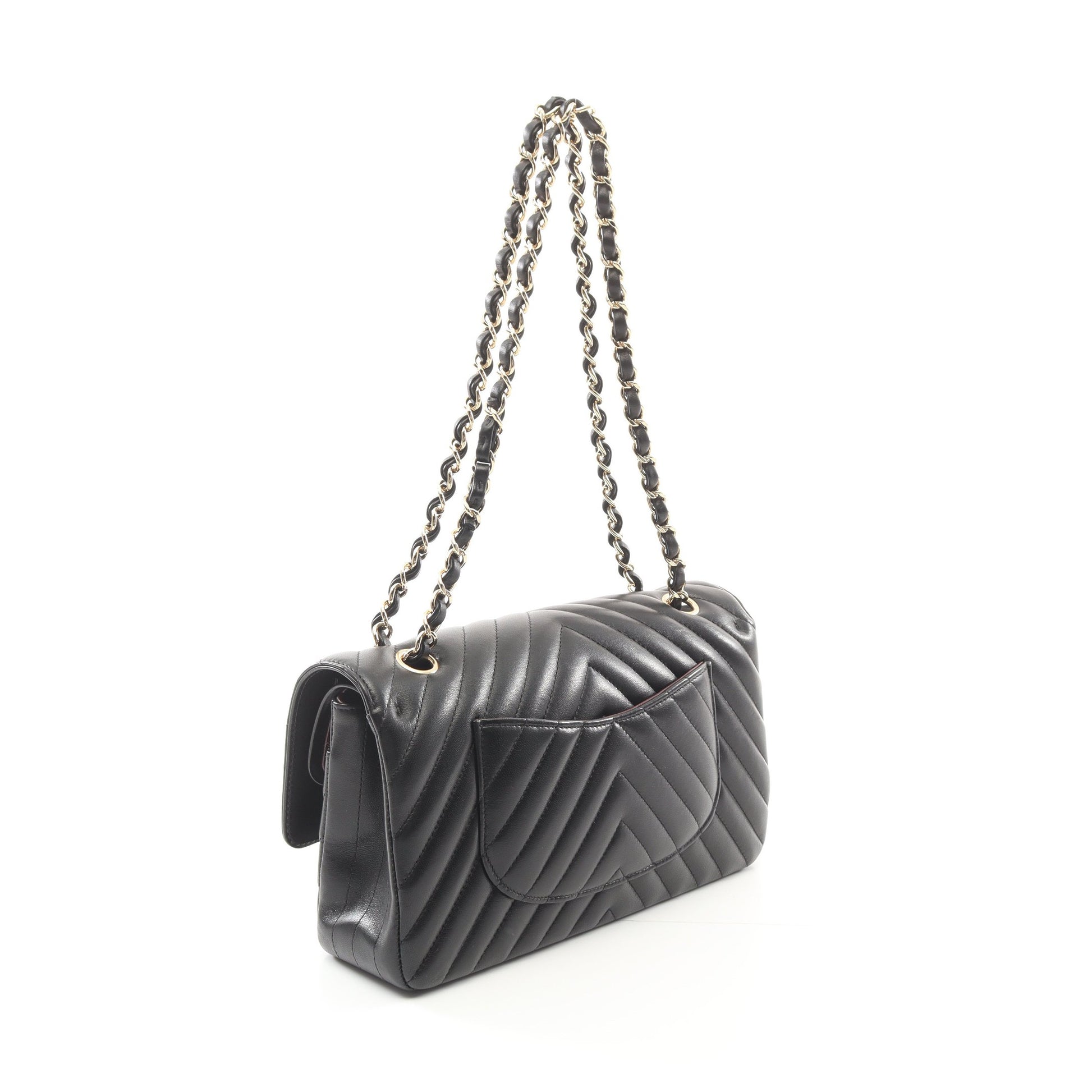 シェブロン Vステッチ Wフラップ Wチェーンショルダーバッグ ラムスキン ブラック ゴールド金具 シャネル バッグ CHANEL