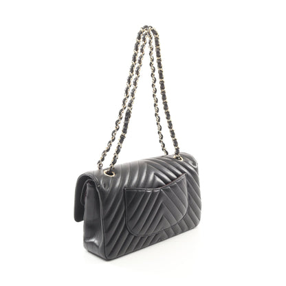 シェブロン Vステッチ Wフラップ Wチェーンショルダーバッグ ラムスキン ブラック ゴールド金具 シャネル バッグ CHANEL