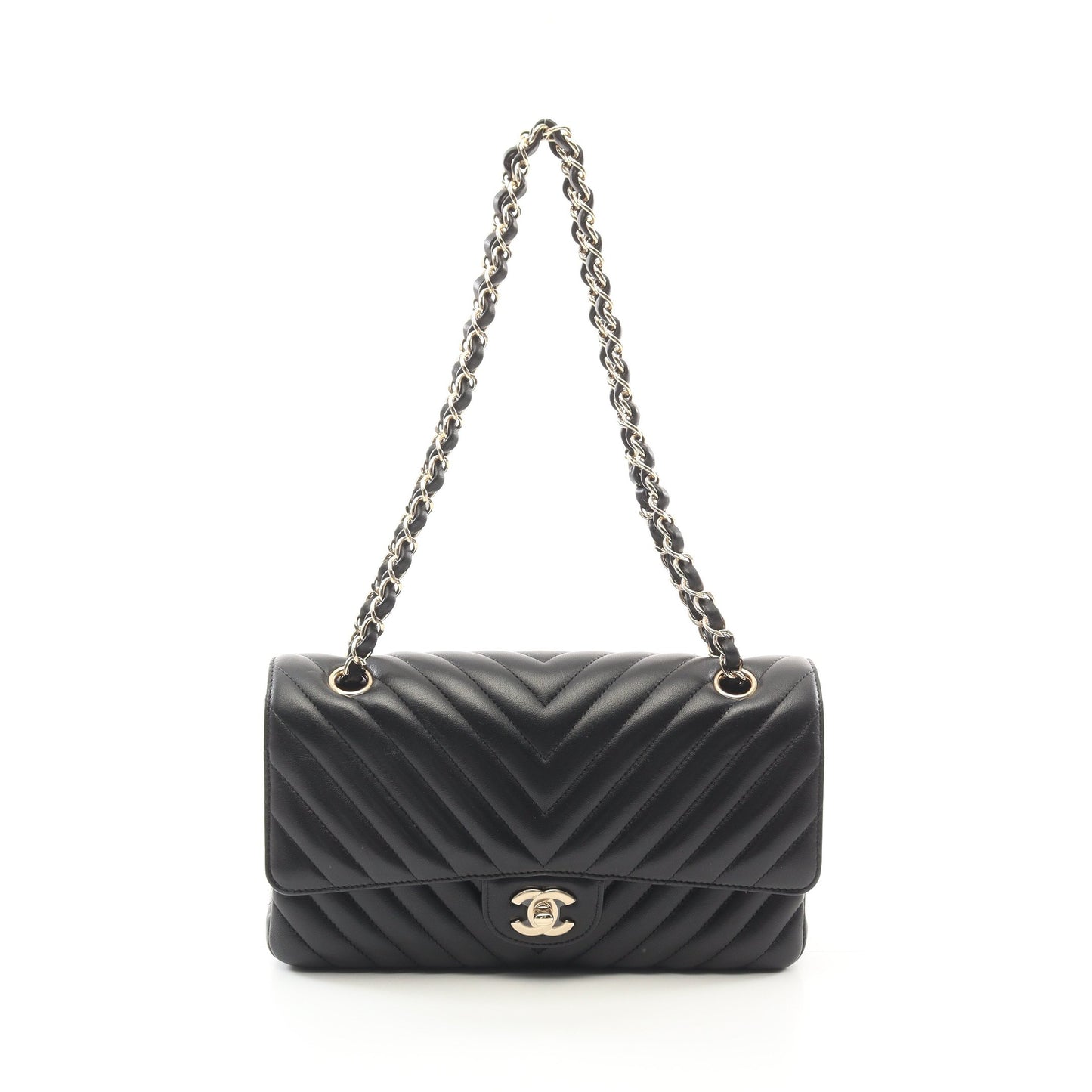 シェブロン Vステッチ Wフラップ Wチェーンショルダーバッグ ラムスキン ブラック ゴールド金具 シャネル バッグ CHANEL