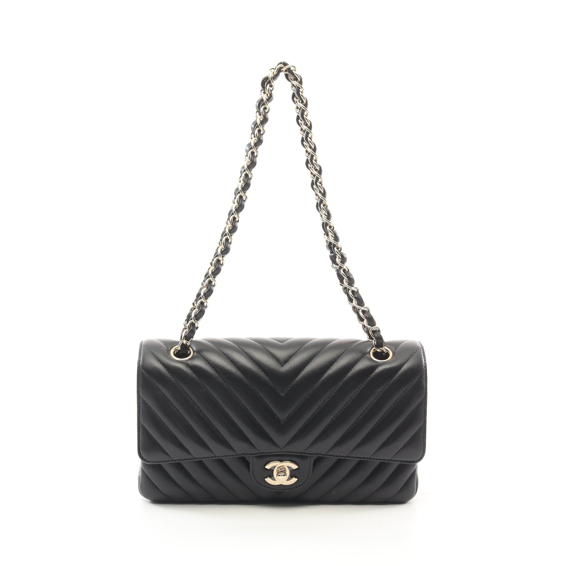 シェブロン Vステッチ Wフラップ Wチェーンショルダーバッグ ラムスキン ブラック ゴールド金具 シャネル バッグ CHANEL