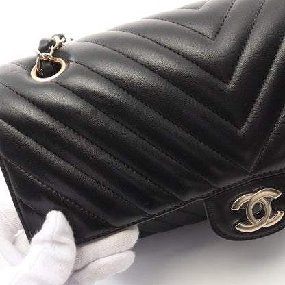 シェブロン Vステッチ Wフラップ Wチェーンショルダーバッグ ラムスキン ブラック ゴールド金具 シャネル バッグ CHANEL