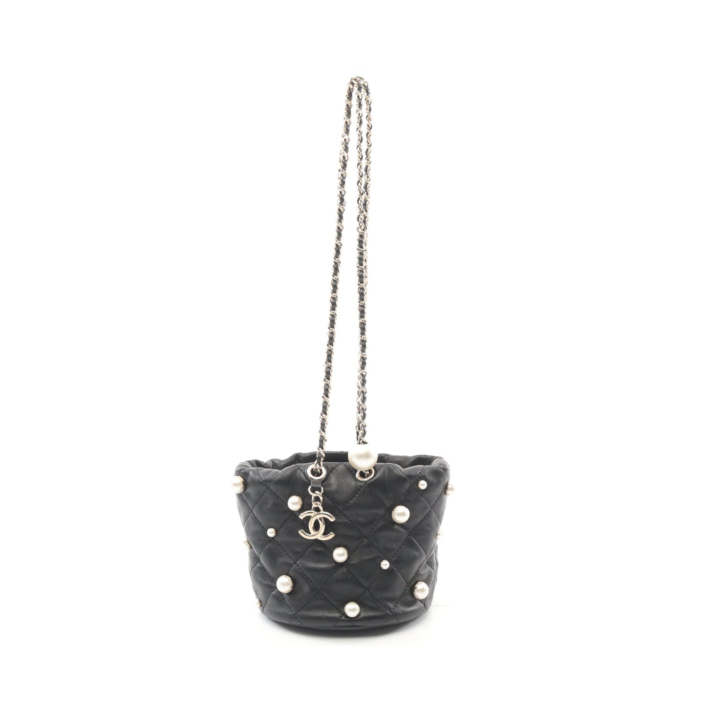 ココマーク チェーンショルダーバッグ ラムスキン フェイクパール ブラック ゴールド金具 巾着 シャネル バッグ CHANEL