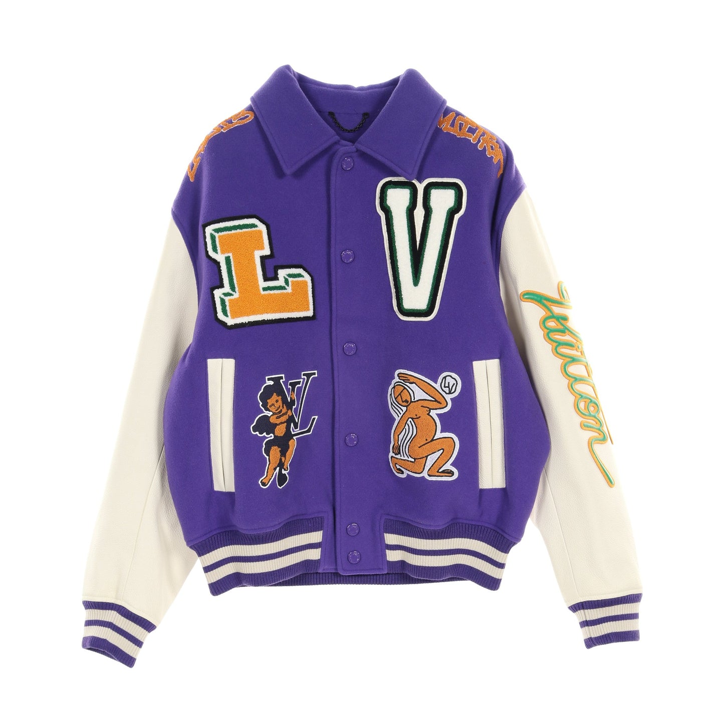 Multi Patch Mixed Leather Varsity Blouson Fig スタジャン ブルゾン ウール レザー パープル ホワイト マルチカラー ルイヴィトン アウター LOUIS VUITTON