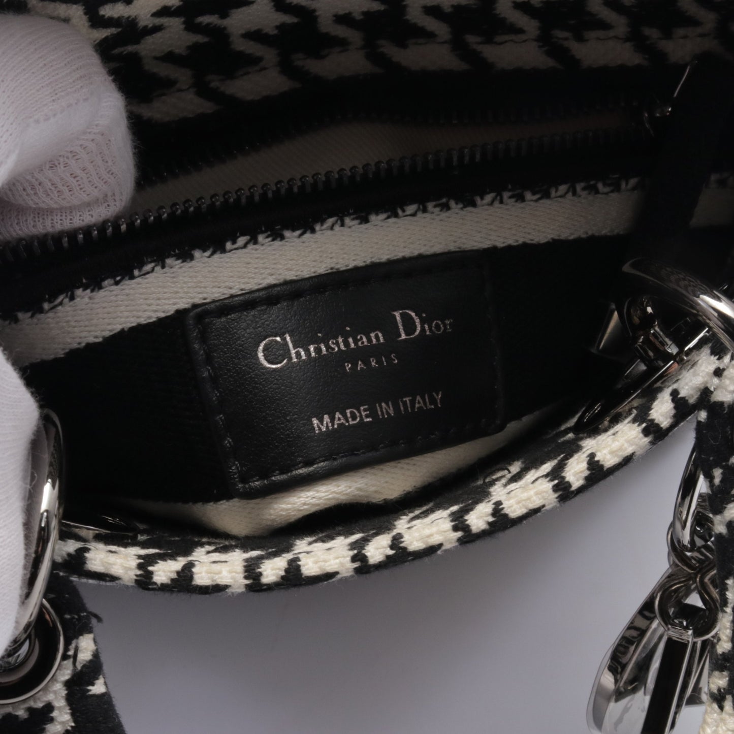 LADY D-LITE ミニ ハンドバッグ 千鳥格子 キャンバス ブラック ホワイト 2WAY クリスチャンディオール バッグ Christian Dior