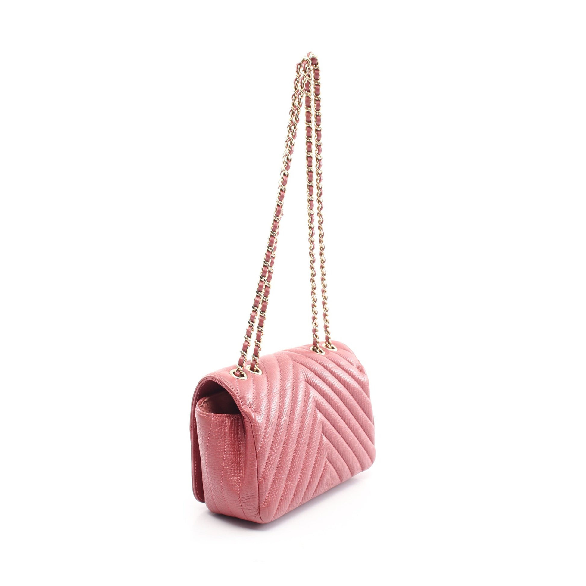Wチェーンショルダーバッグ レザー ピンクブラウン ゴールド金具 シャネル バッグ CHANEL