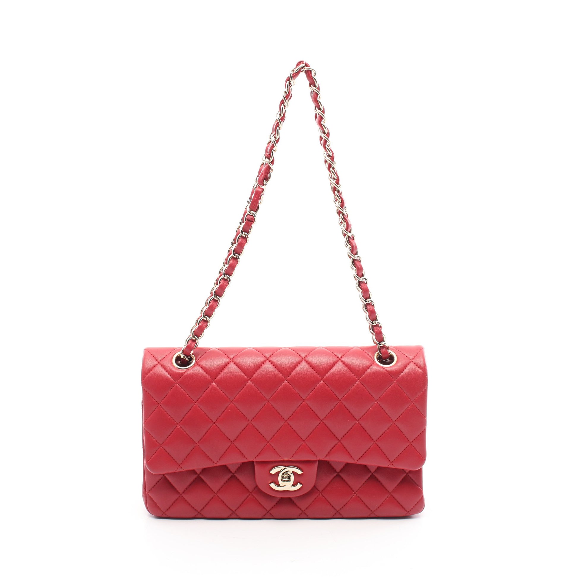 マトラッセ Wフラップ Wチェーンショルダーバッグ ラムスキン レッド ゴールド金具 シャネル バッグ CHANEL