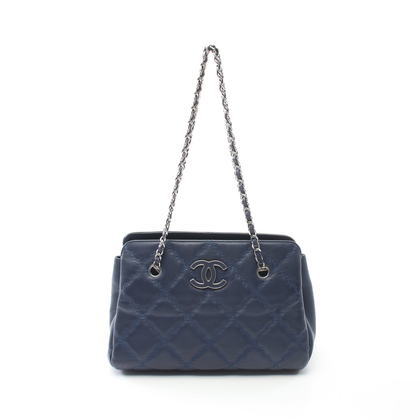 ウルトラステッチ チェーンショルダーバッグ チェーントートバッグ ラムスキン ネイビー シルバー金具 シャネル バッグ CHANEL
