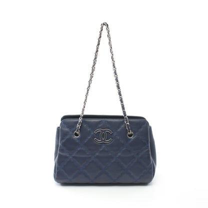 ウルトラステッチ チェーンショルダーバッグ チェーントートバッグ ラムスキン ネイビー シルバー金具 シャネル バッグ CHANEL