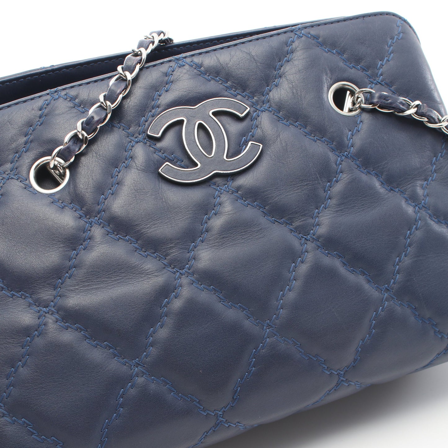ウルトラステッチ チェーンショルダーバッグ チェーントートバッグ ラムスキン ネイビー シルバー金具 シャネル バッグ CHANEL