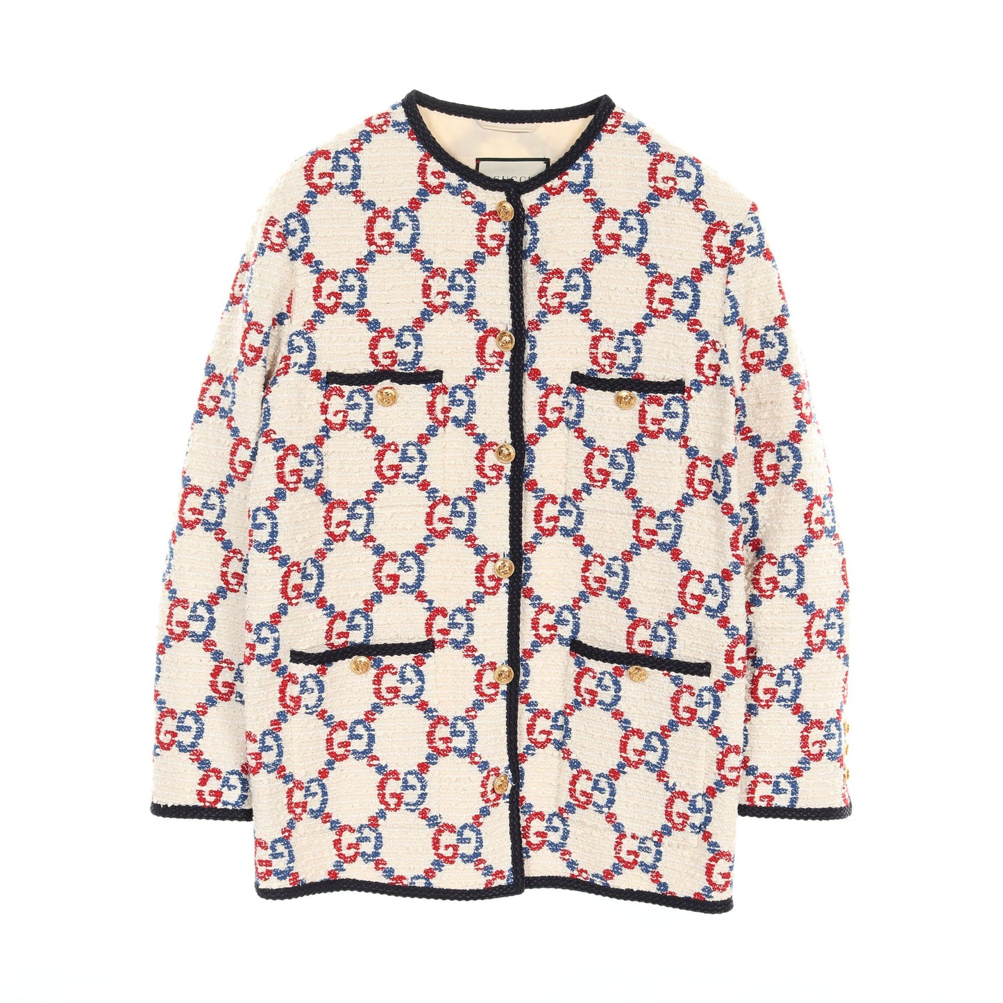 GG ツイード ノーカラージャケット コットン ナイロン アイボリー ブルー レッド グッチ アウター GUCCI