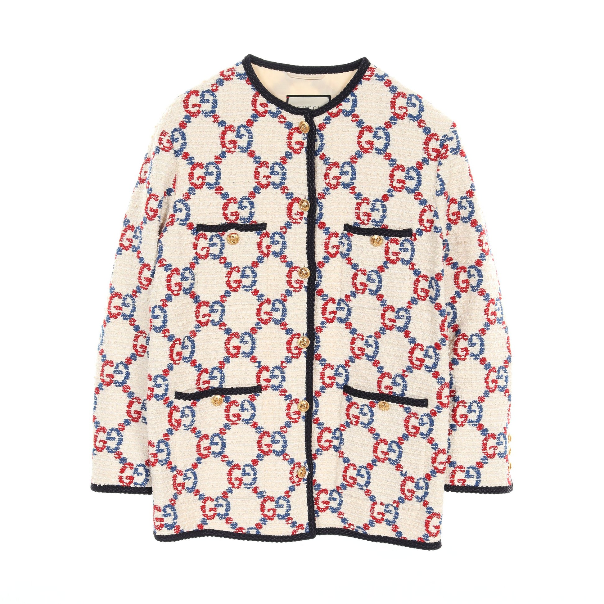 GG ツイード ノーカラージャケット コットン ナイロン アイボリー ブルー レッド グッチ アウター GUCCI