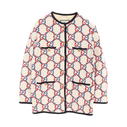 GG ツイード ノーカラージャケット コットン ナイロン アイボリー ブルー レッド グッチ アウター GUCCI
