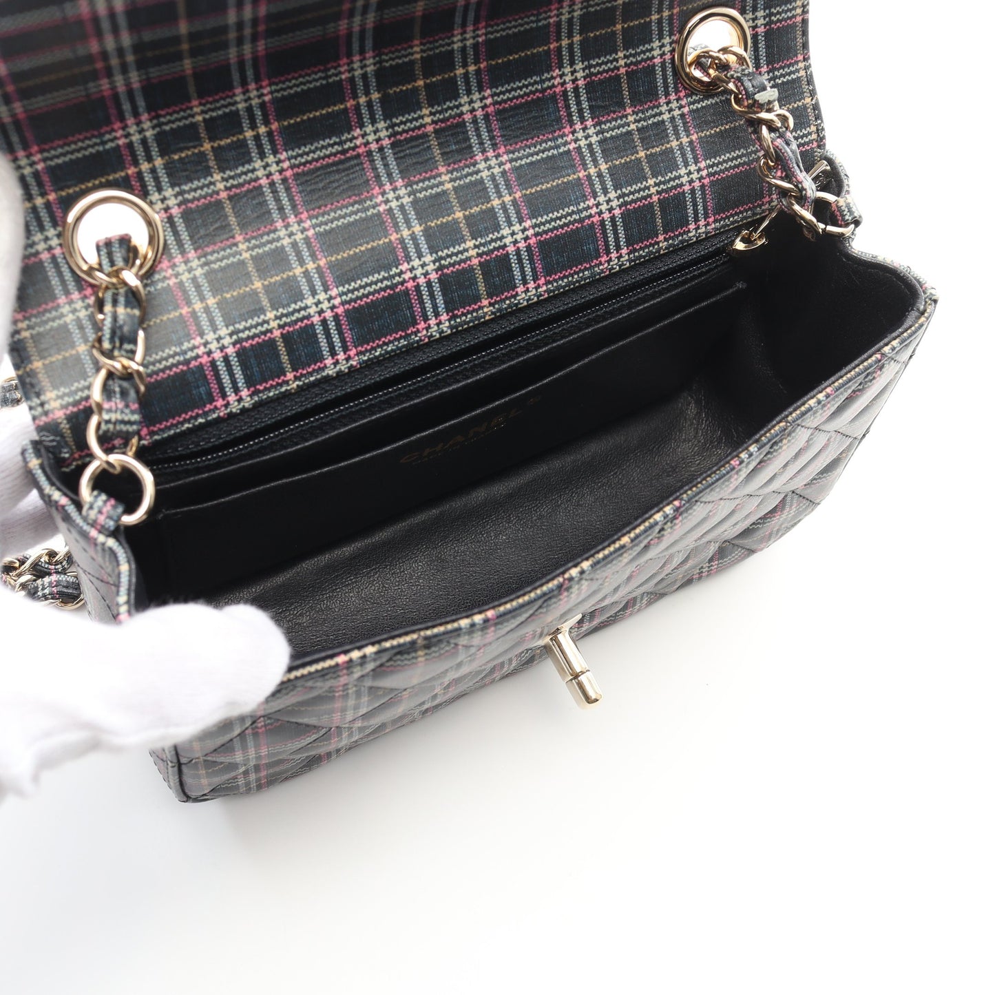 ミニマトラッセ チェーンショルダーバッグ チェック レザー ネイビー マルチカラー ゴールド金具 シャネル バッグ CHANEL