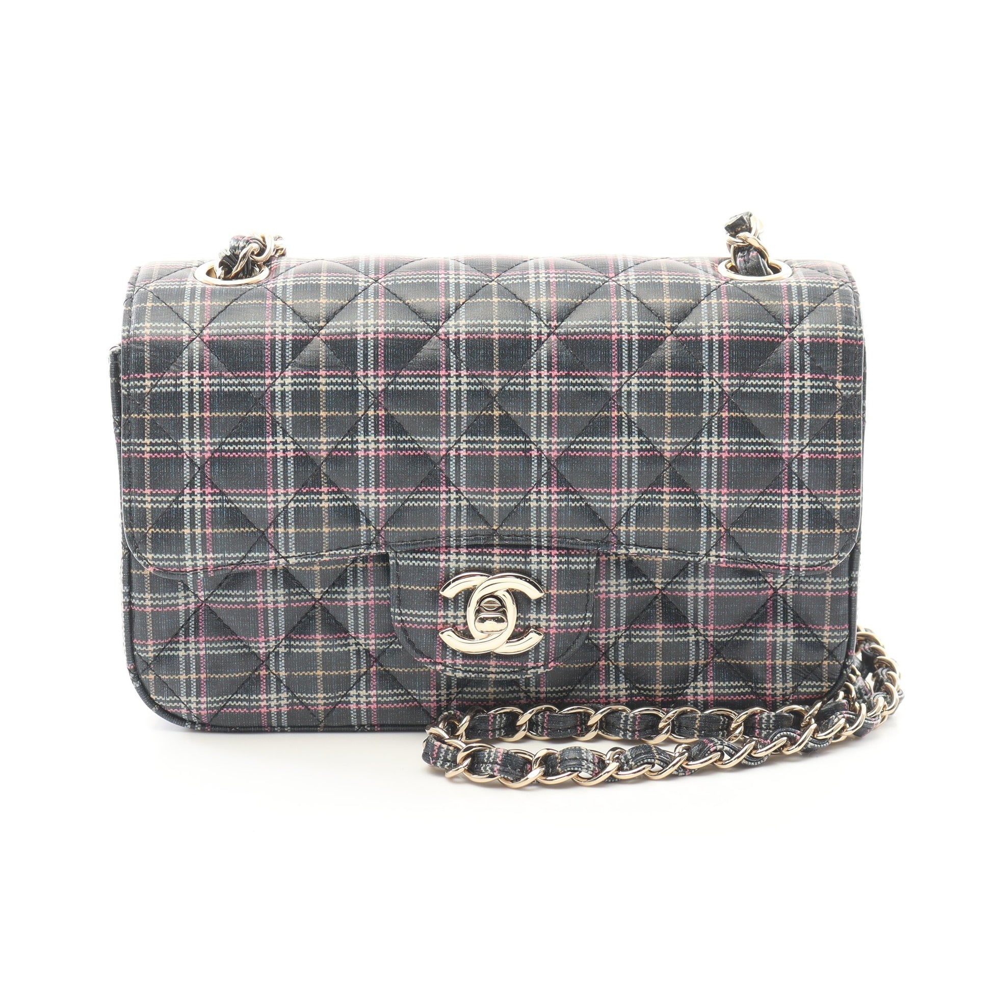 ミニマトラッセ チェーンショルダーバッグ チェック レザー ネイビー マルチカラー ゴールド金具 シャネル バッグ CHANEL