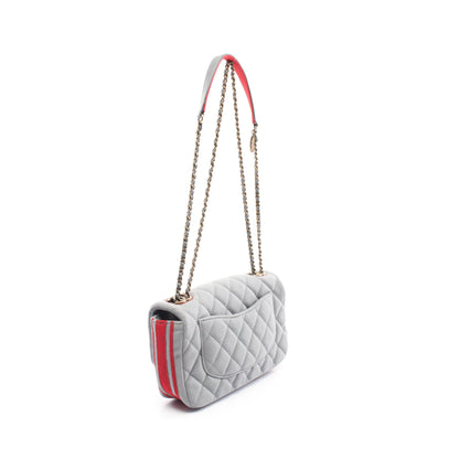 マトラッセ Wチェーンショルダーバッグ フェルト レザー キャンバス グレー レッド アンティークゴールド金具 シャネル バッグ CHANEL