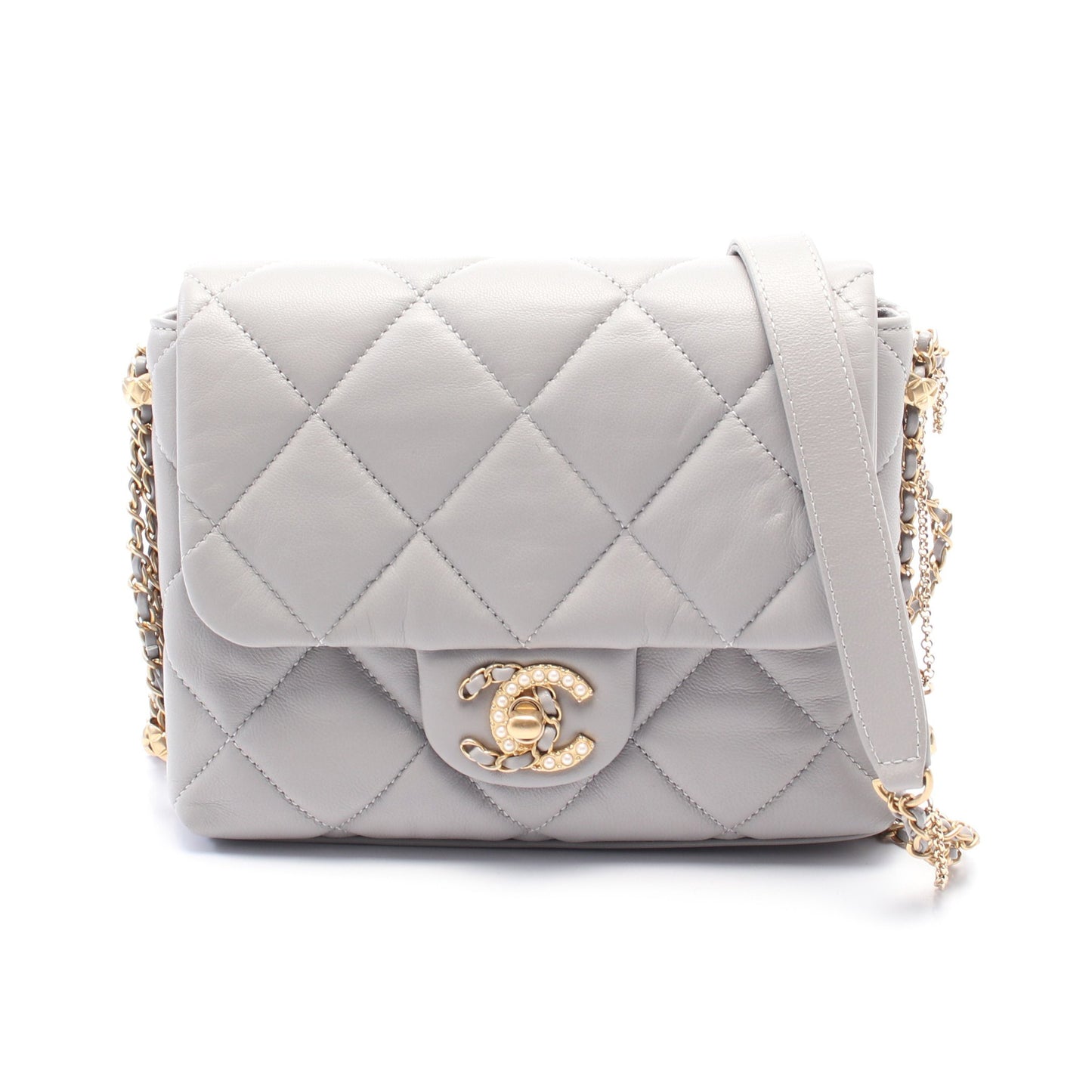 マトラッセ チェーンショルダーバッグ レザー グレー ゴールド金具 シャネル バッグ CHANEL