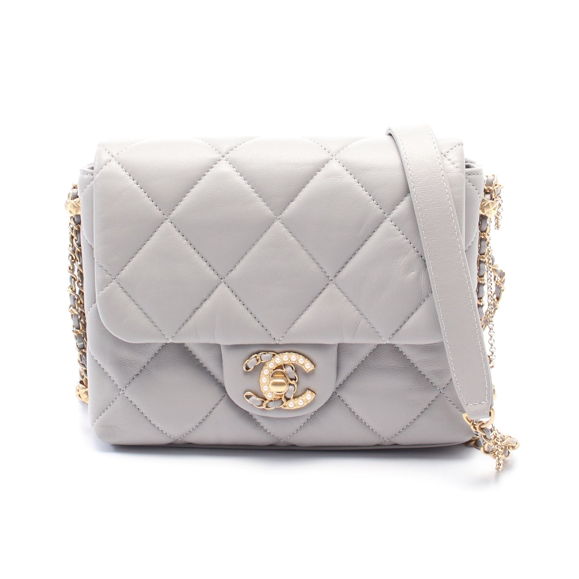 マトラッセ チェーンショルダーバッグ レザー グレー ゴールド金具 シャネル バッグ CHANEL