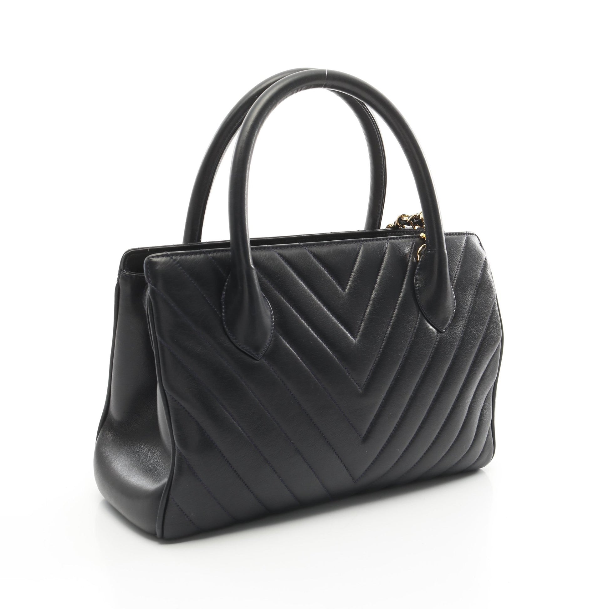 シェブロン Vステッチ ハンドバッグ ラムスキン ダークネイビー ゴールド金具 2WAY ヴィンテージ シャネル バッグ CHANEL