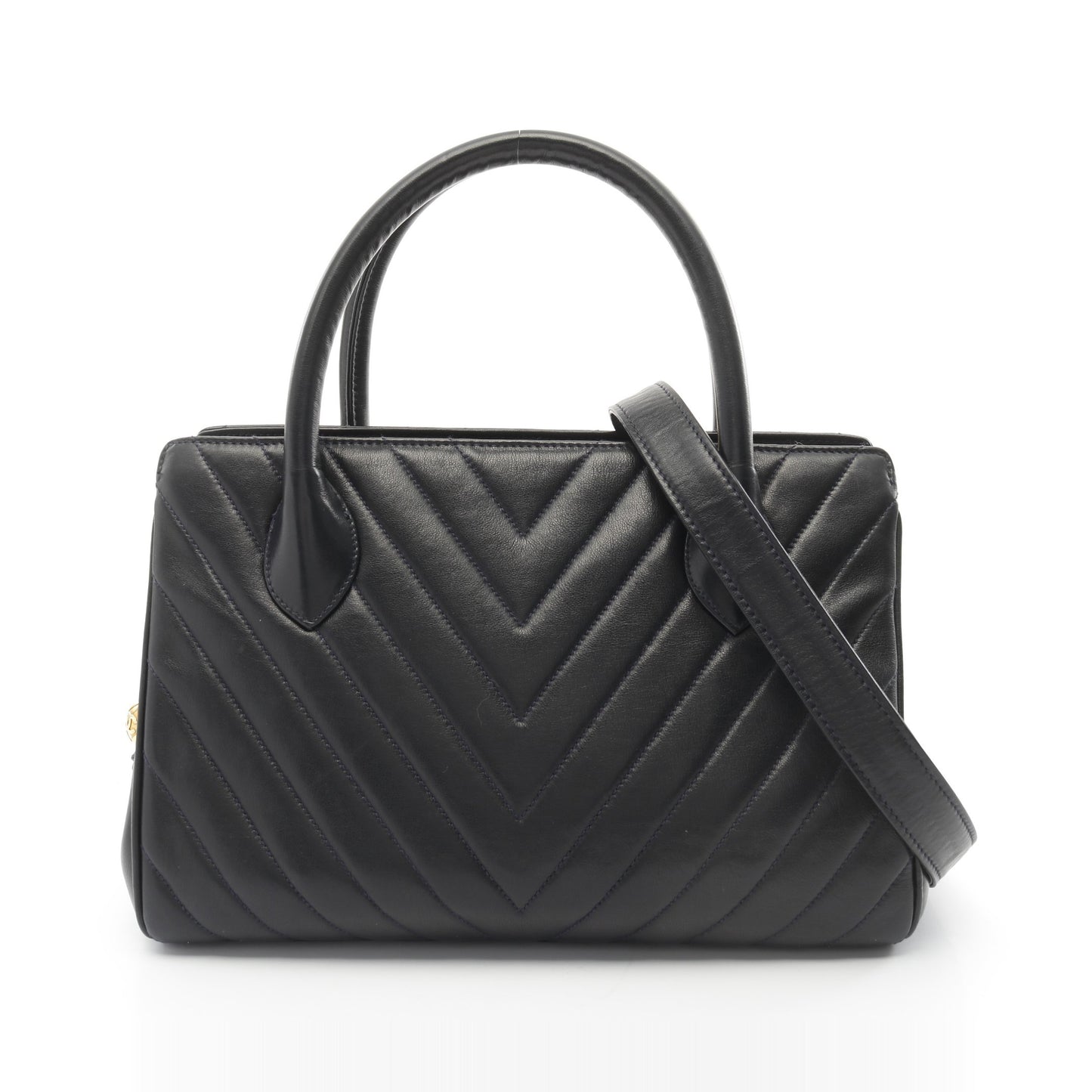 シェブロン Vステッチ ハンドバッグ ラムスキン ダークネイビー ゴールド金具 2WAY ヴィンテージ シャネル バッグ CHANEL