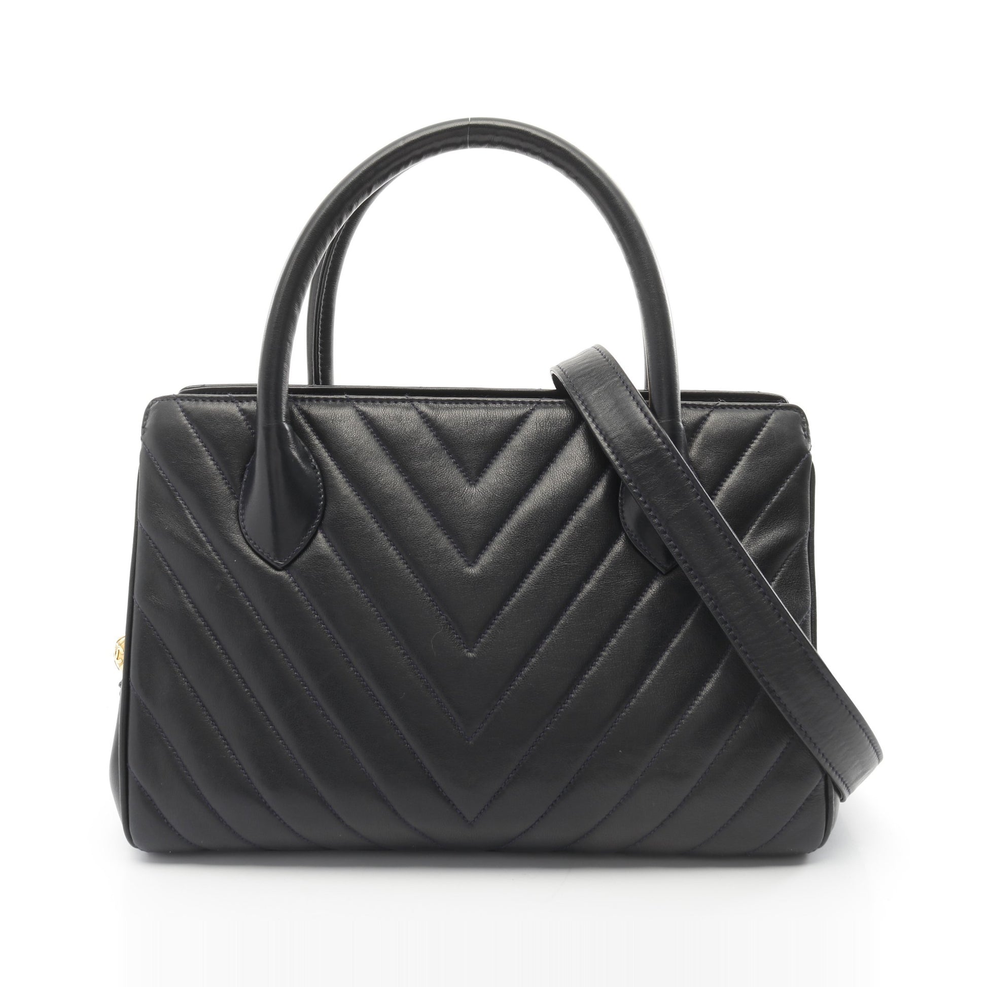 シェブロン Vステッチ ハンドバッグ ラムスキン ダークネイビー ゴールド金具 2WAY ヴィンテージ シャネル バッグ CHANEL
